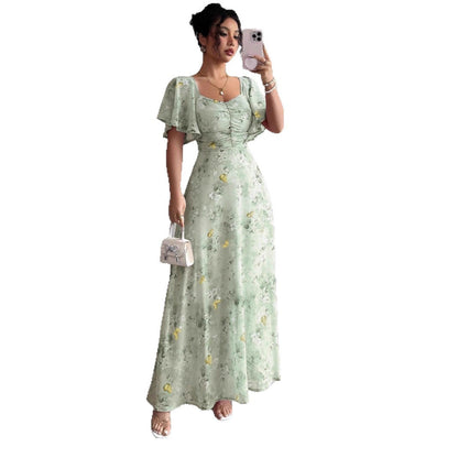 Robe longue à imprimé floral, froncée et à manches papillon fluides