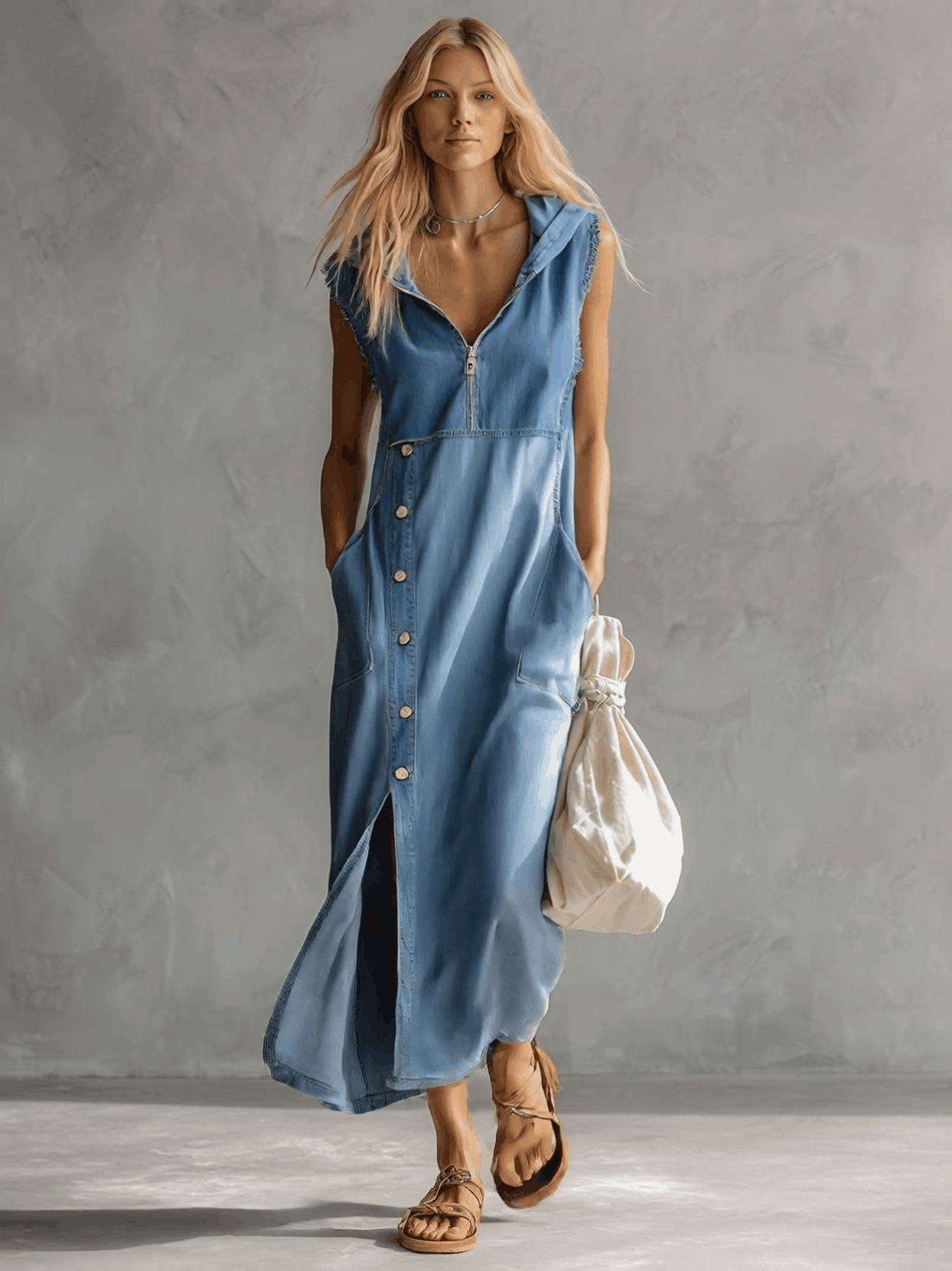 Casual and chic vintage blue denim midi dress with hood, V-neck, zip closure, side slits and buttons