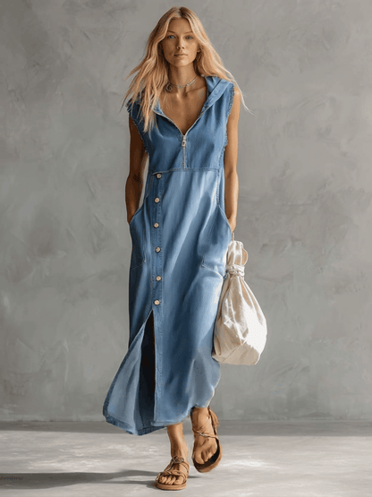 Casual and chic vintage blue denim midi dress with hood, V-neck, zip closure, side slits and buttons