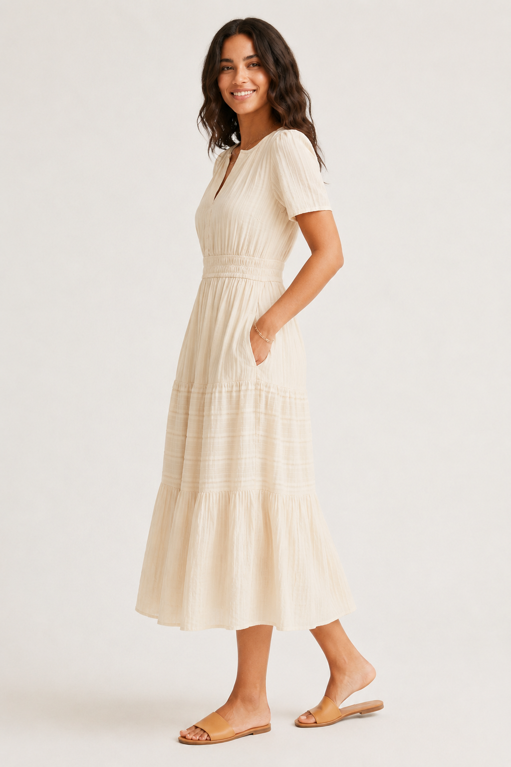 Tiered Notched Short Sleeve Dress
