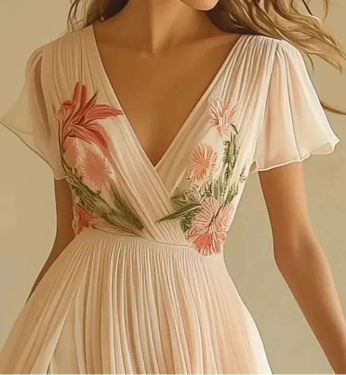 Pink V-neck short-sleeved maxi dress