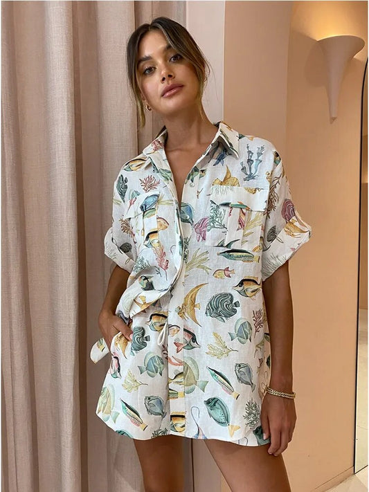 Ensemble 2 Pièces Femme Été Décontracté Chemise Imprimée Manches Courtes Short Lâche Lin Tenues Tendance pour les Vacances