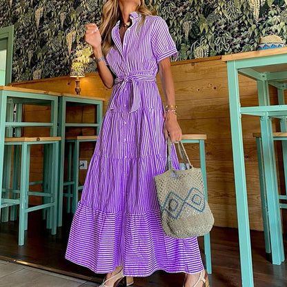 Robe longue ample à manches courtes et imprimé rayé tendance