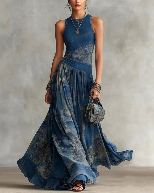 Elegant Retro Printed Sleeveless Tank Top Dress