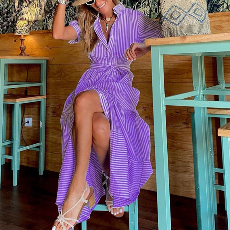 Robe longue ample à manches courtes et imprimé rayé tendance