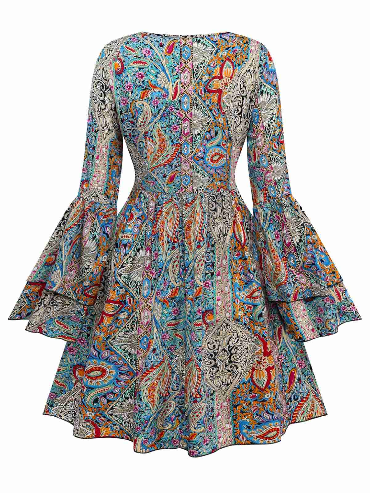 Bohemian dress with paisley and floral patterns, bell sleeves