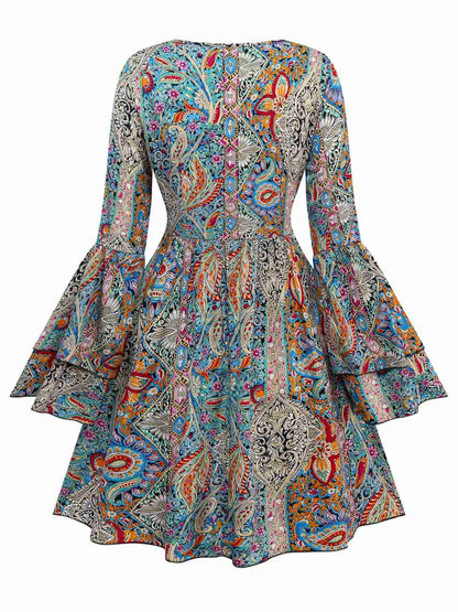 Bohemian dress with paisley and floral patterns, bell sleeves