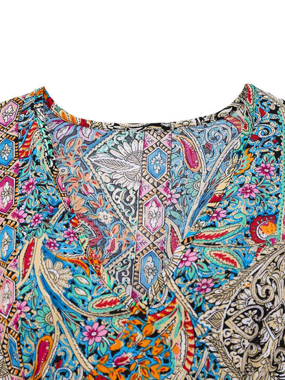 Bohemian dress with paisley and floral patterns, bell sleeves