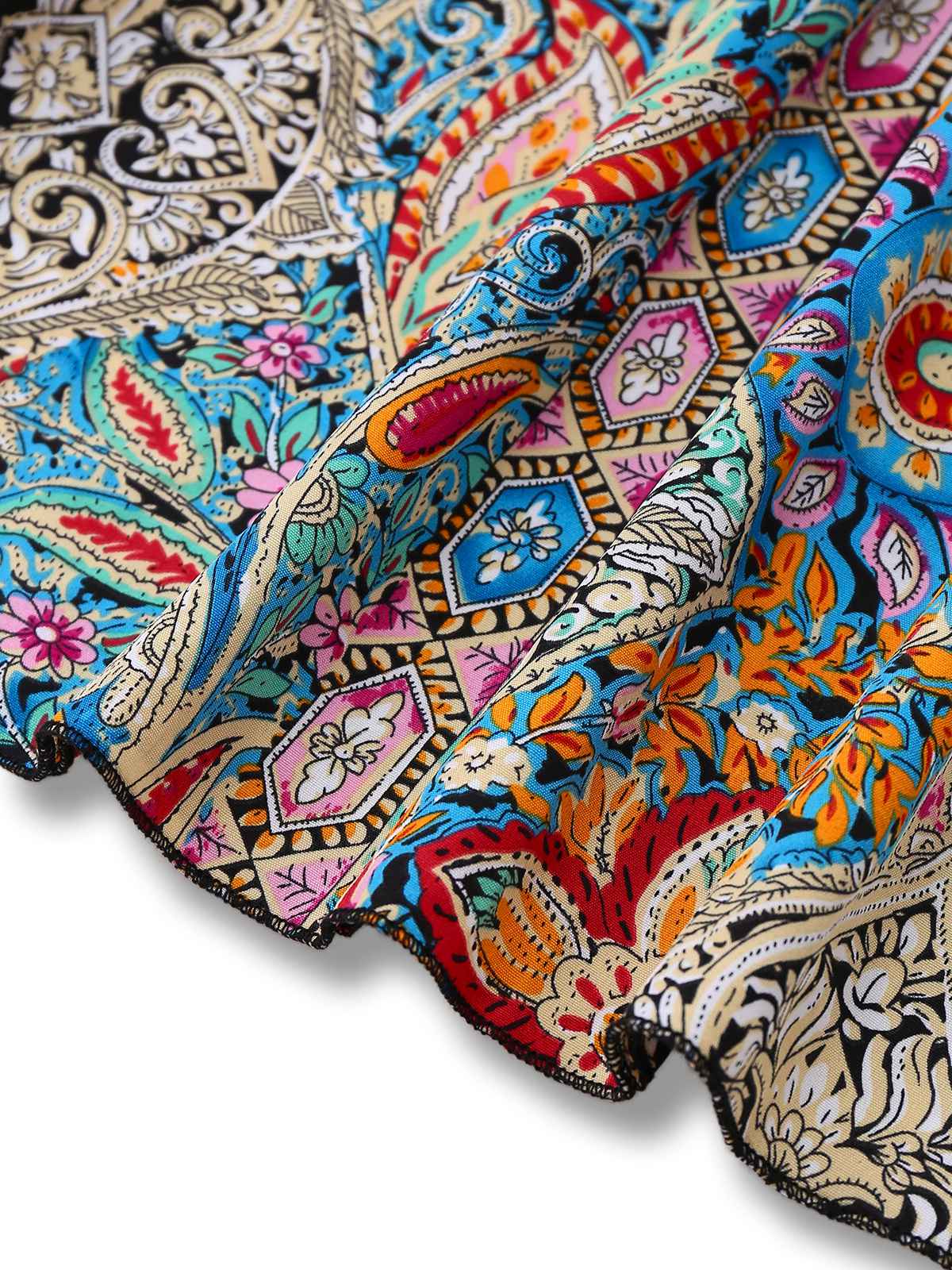 Bohemian dress with paisley and floral patterns, bell sleeves