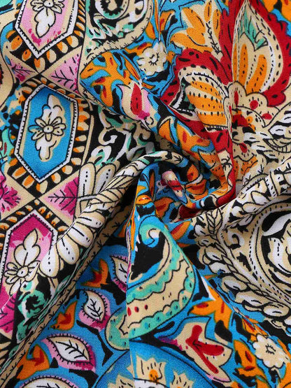 Bohemian dress with paisley and floral patterns, bell sleeves