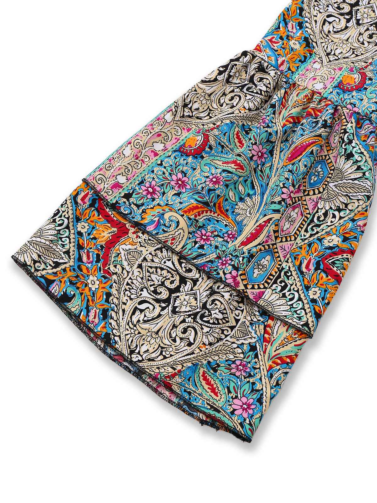 Bohemian dress with paisley and floral patterns, bell sleeves