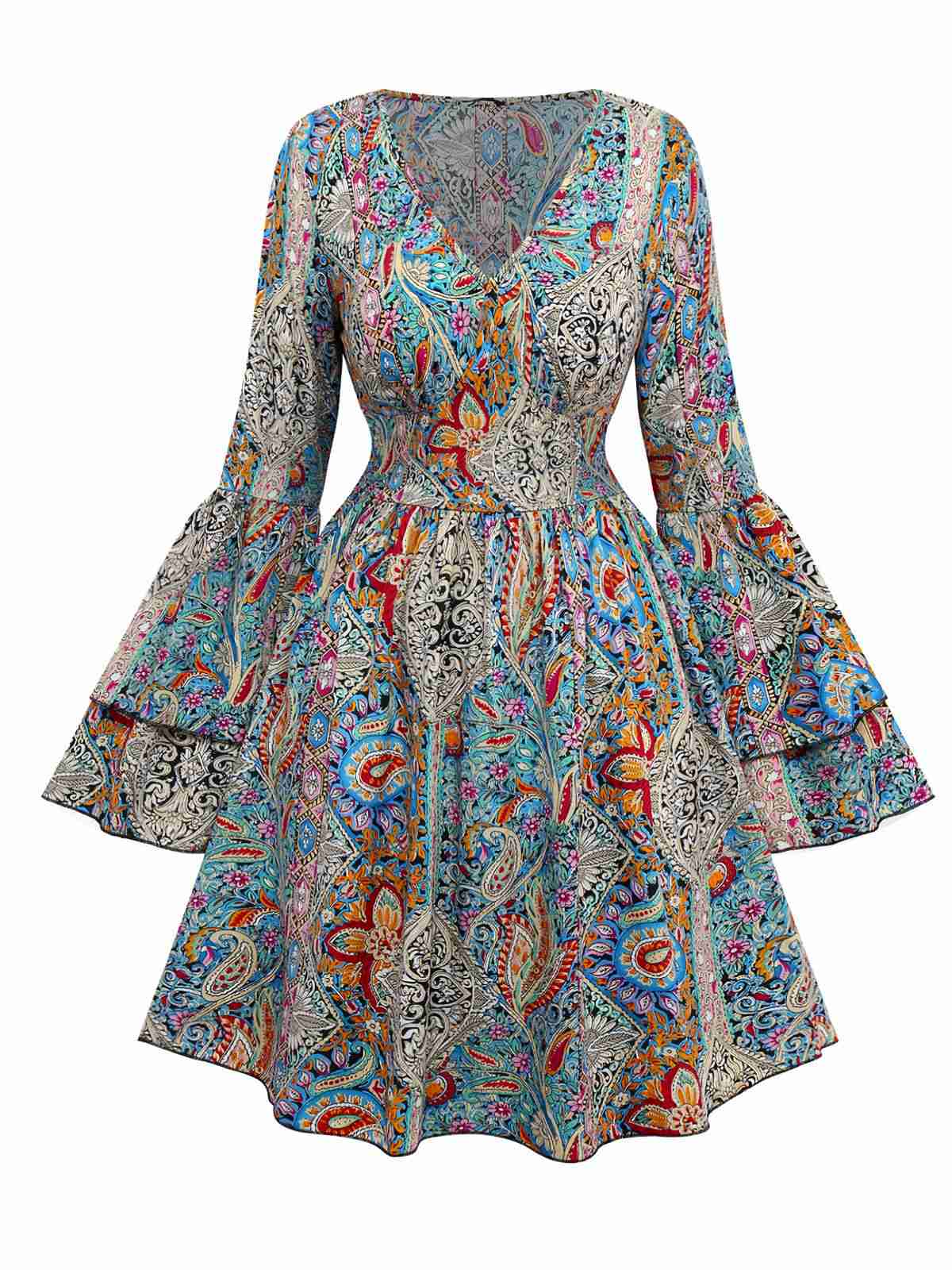 Bohemian dress with paisley and floral patterns, bell sleeves