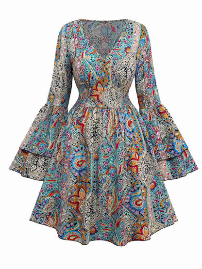 Bohemian dress with paisley and floral patterns, bell sleeves