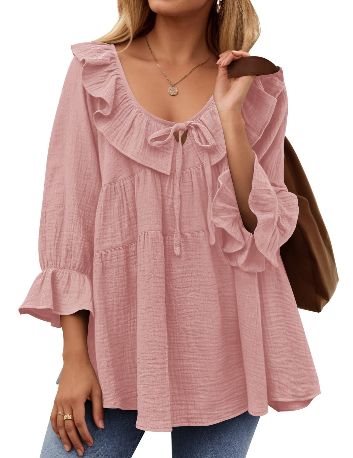 Chemisier tunique à volants étagés, col bateau, manches 3/4 et noué sur le devant pour femmes