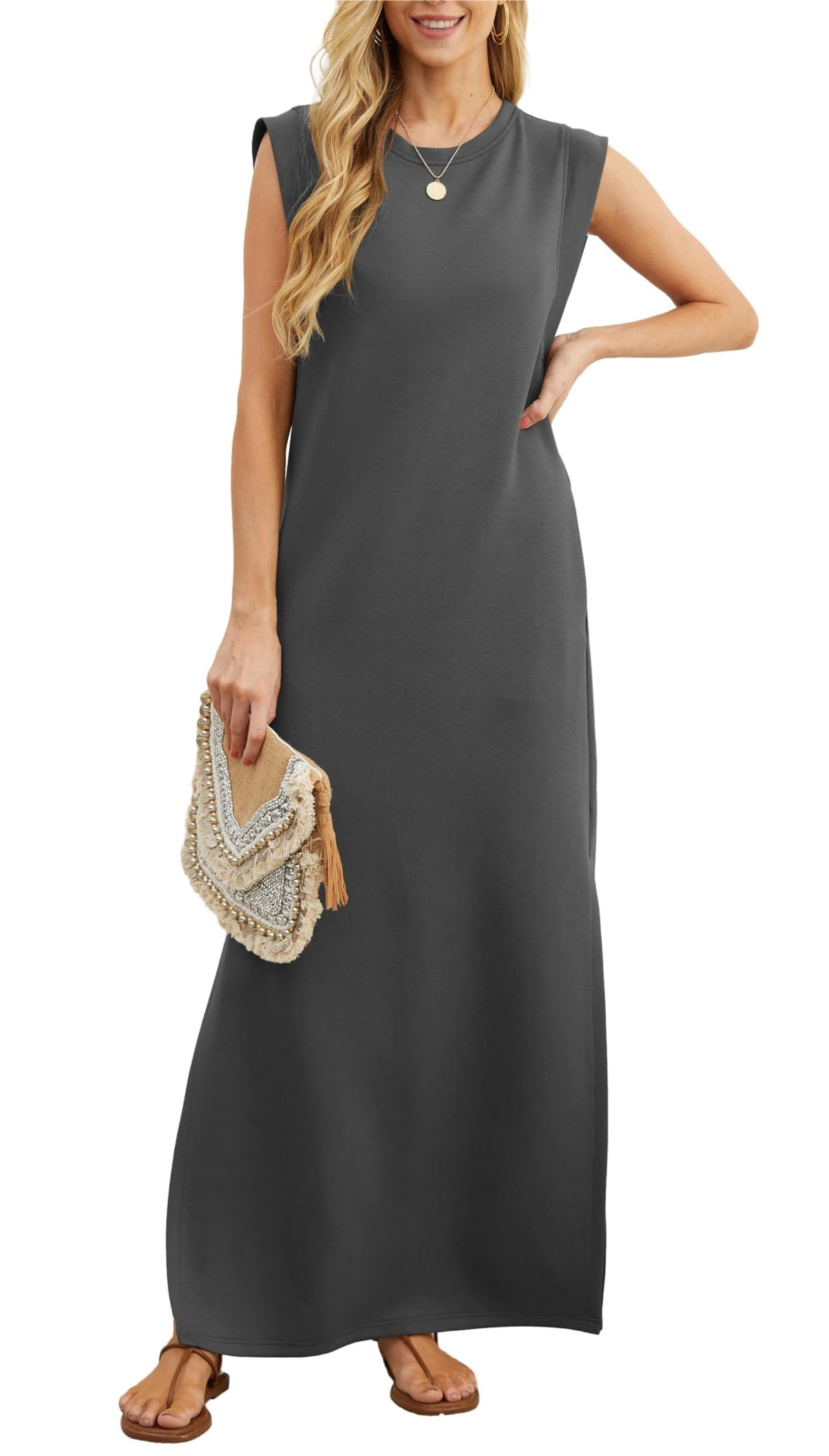 Robe longue décontractée ample fendue infroissable pour femme