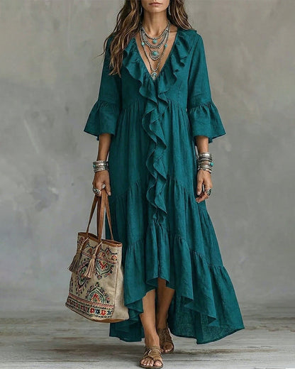 Robe Fluide à Volants et Col Plongeant pour Vacances