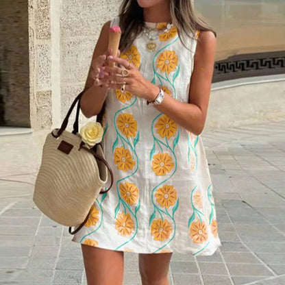 Elegant women's summer mini dress, round neck sleeveless, loose fit, floral print, bohemian-chic style, perfect for holidays and and evenings