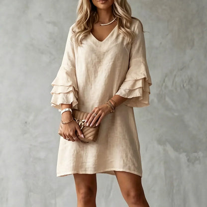 Mini-robe élégante pour femme avec col en V, volants, taille ample et style décontracté