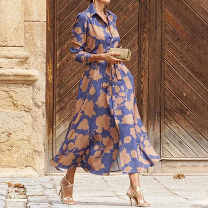 Maxi-robe chemise décontractée pour femme, coupe fluide, col chemise, boutonnée, poches, manches longues, coupe ample, imprimé floral, idéale pour les rendez-vous et les vacances, printemps-été