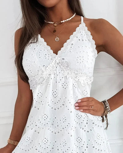 Robe de soirée blanche Y2K pour femme, mini, sans manches, décolleté plongeant, dentelle ajourée, dos nu, pour fêtes