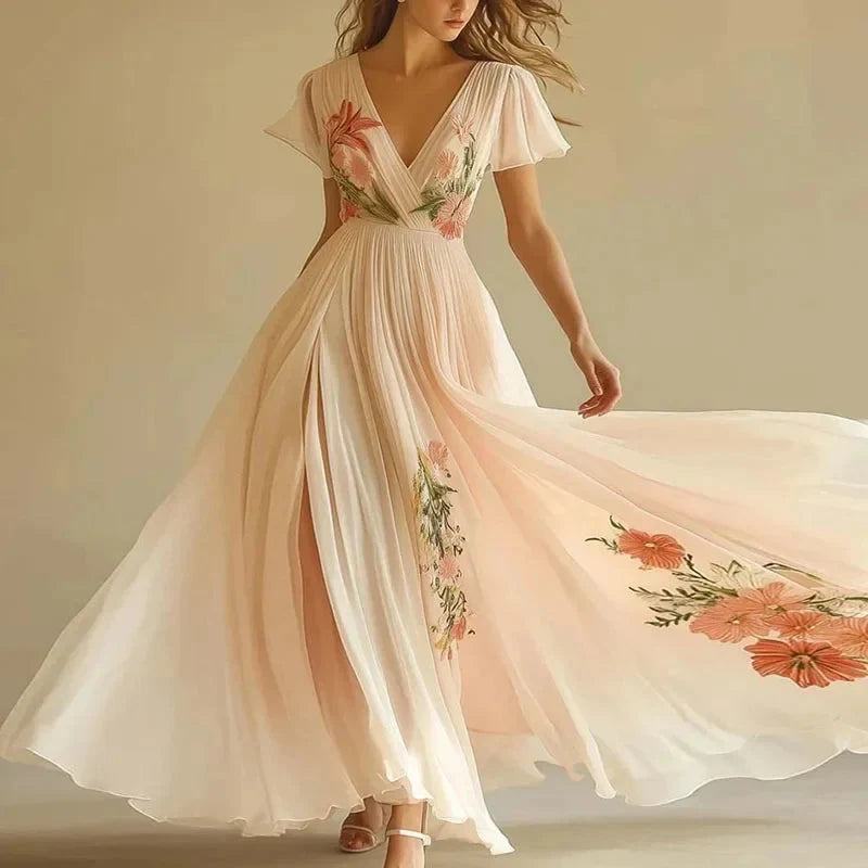 Pink V-neck short-sleeved maxi dress