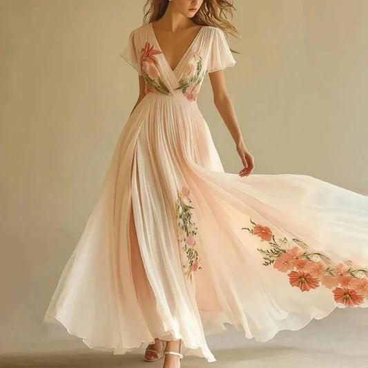 Pink V-neck short-sleeved maxi dress
