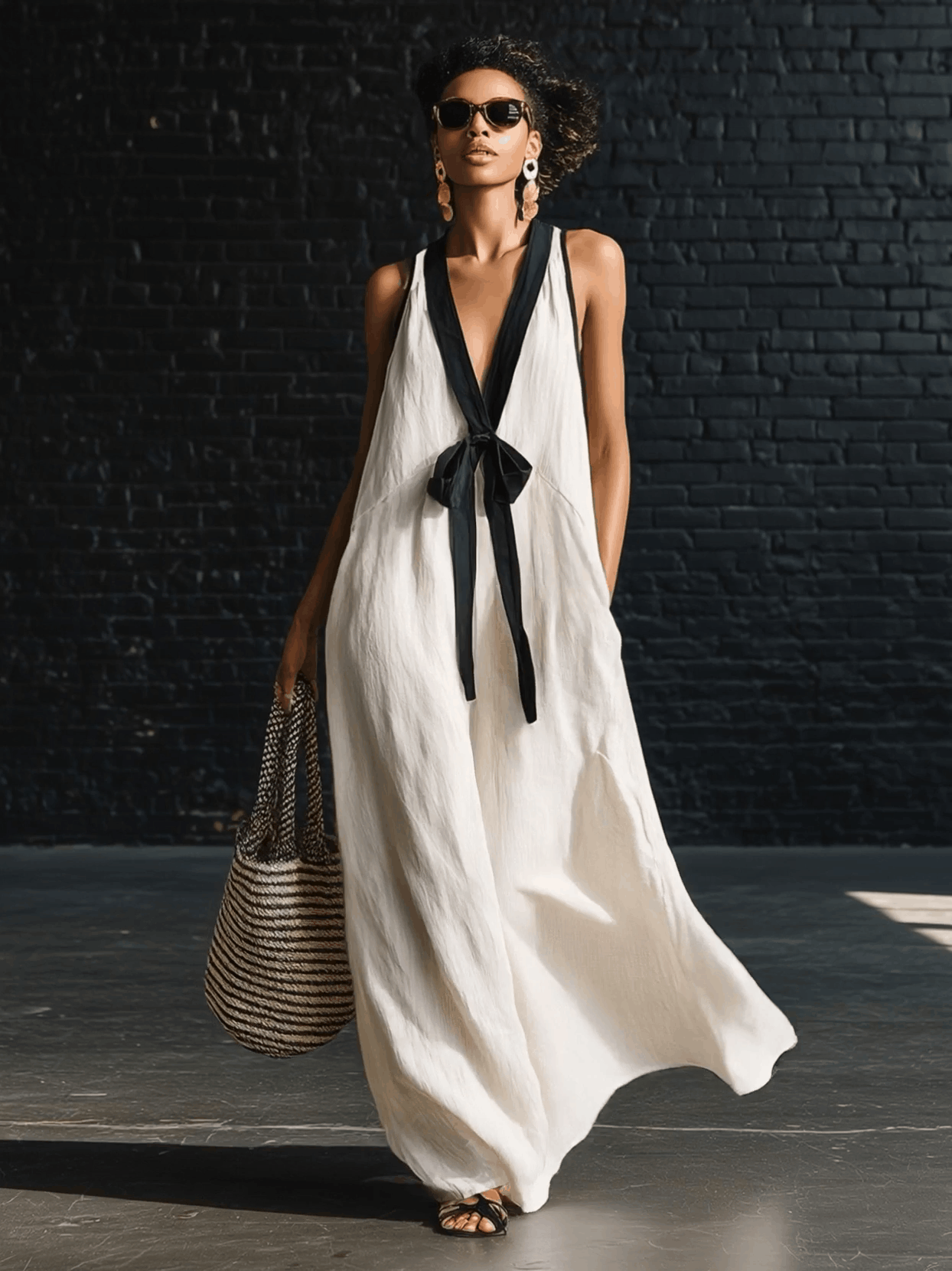 Robe longue sans manches col en V à imprimé bohème noir et blanc