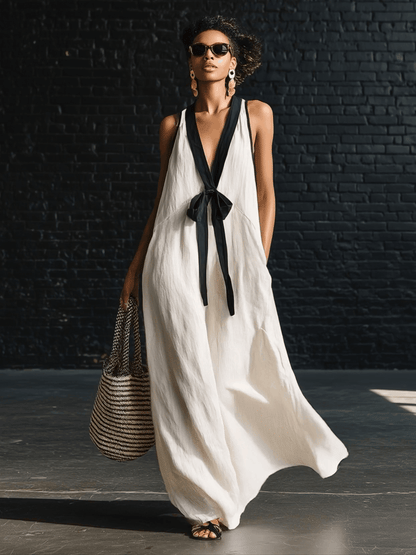Robe longue sans manches col en V à imprimé bohème noir et blanc