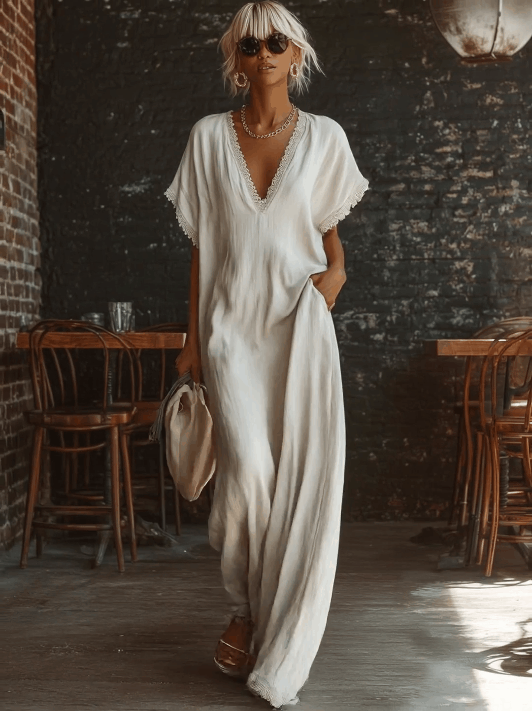 Urban white cotton maxi dress with a V-neck, short sleeves, and lace trim, casual bohemian style