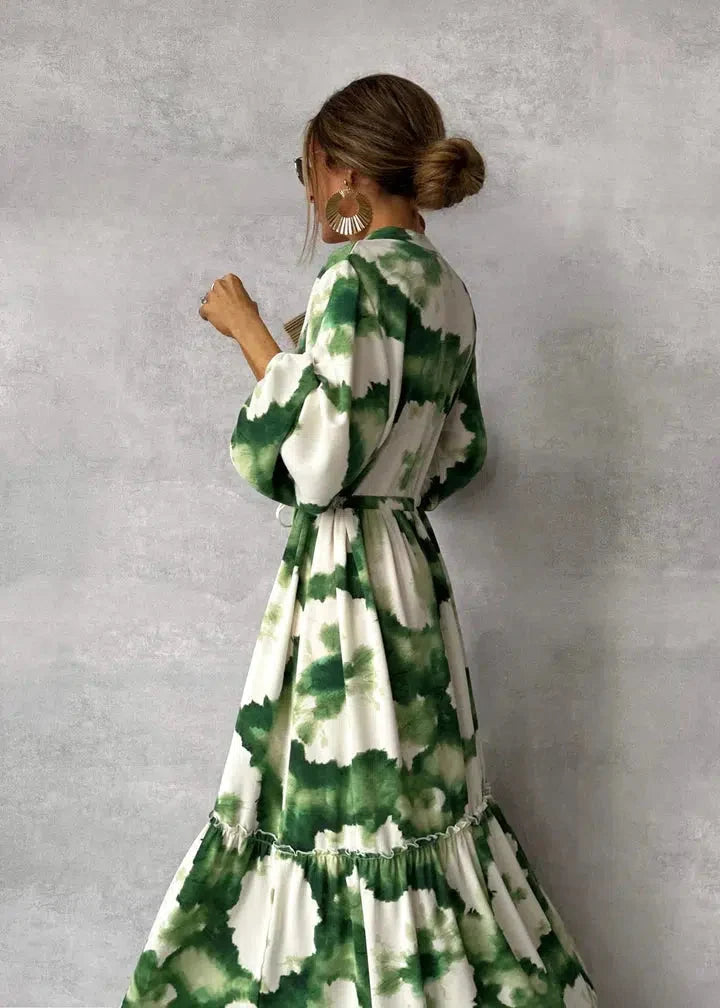 Green long-sleeved V-neck maxi dress