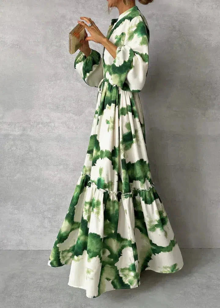 Green long-sleeved V-neck maxi dress