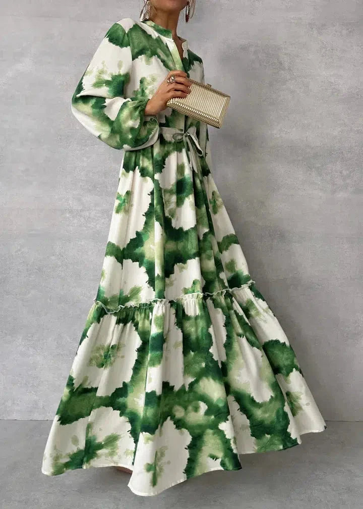 Green long-sleeved V-neck maxi dress