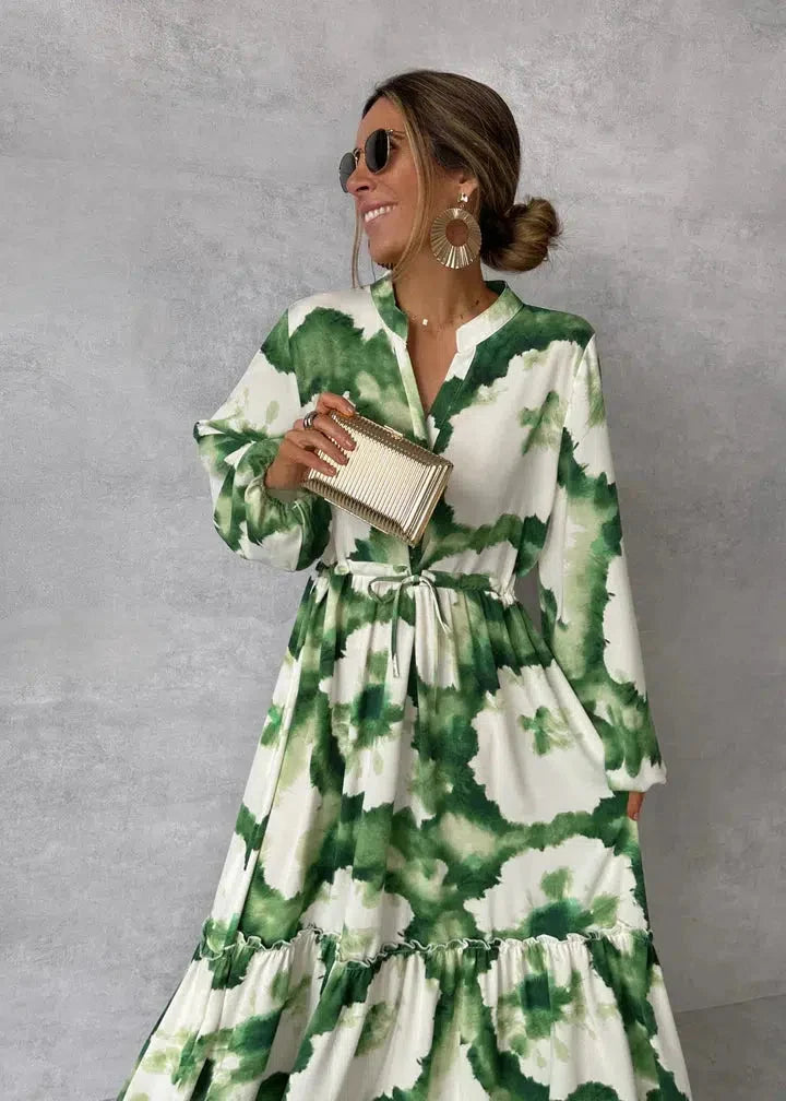 Green long-sleeved V-neck maxi dress