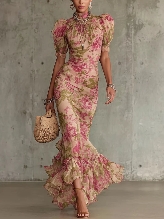 Robe longue à imprimé roses vintage avec manches bouffantes (Accessoires non inclus)
