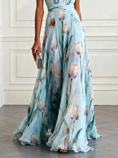 Light blue floral chiffon maxi dress, V-neck, sleeveless
