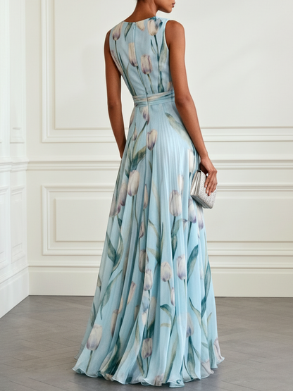 Light blue floral chiffon maxi dress, V-neck, sleeveless