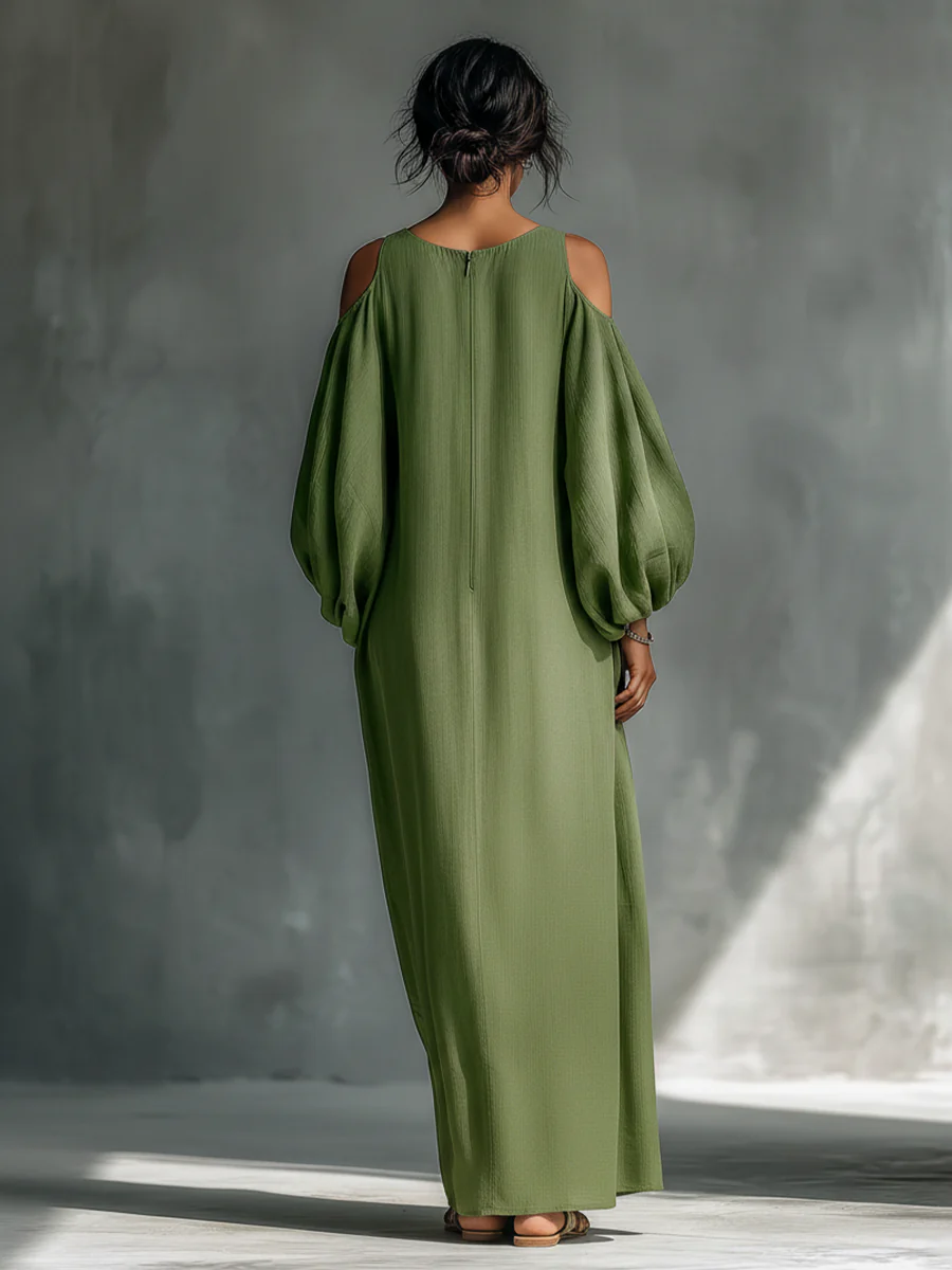 Robe longue verte à épaules dénudées avec manches bouffantes oversize