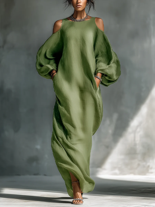 Robe longue verte à épaules dénudées avec manches bouffantes oversize
