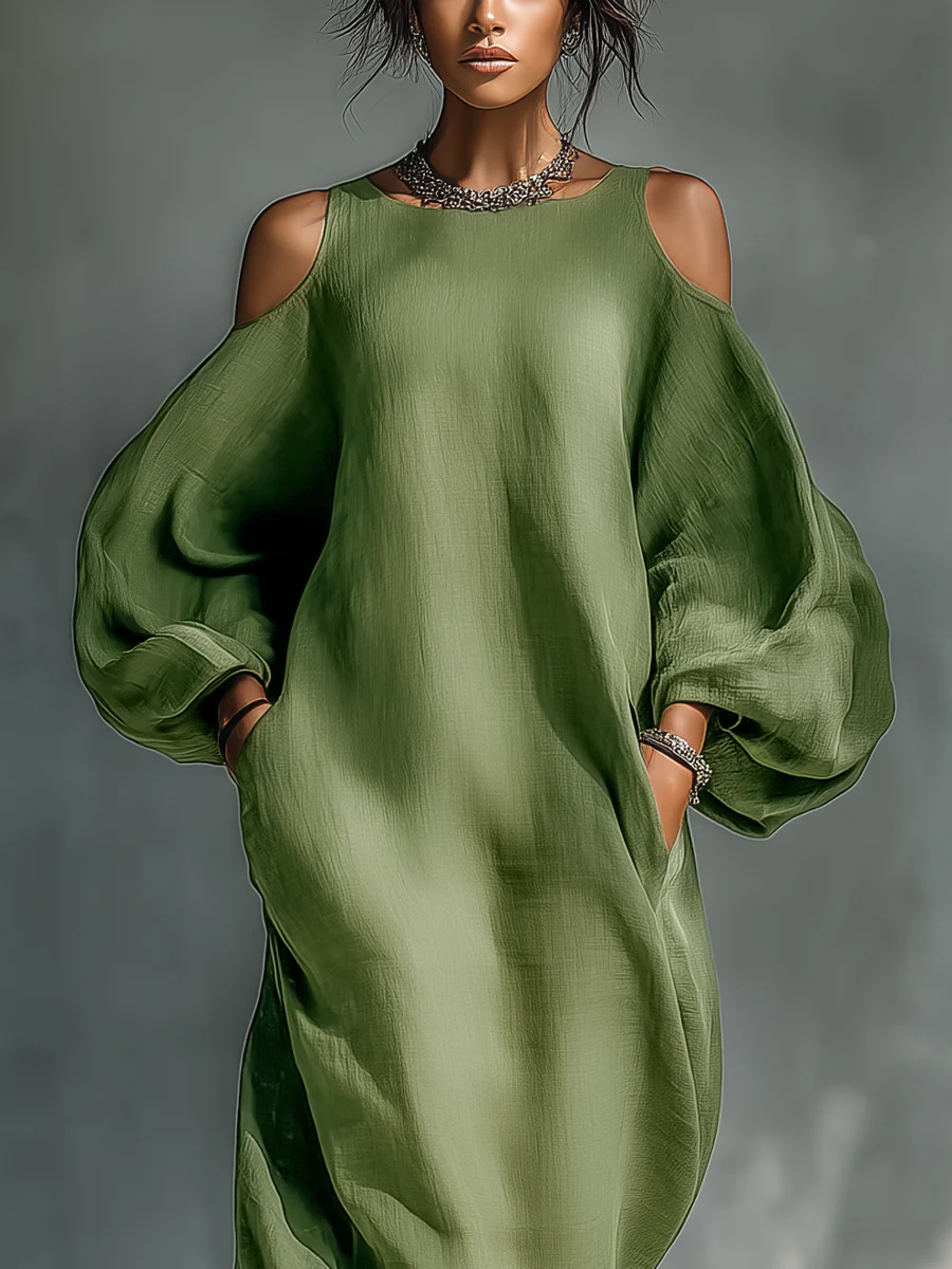 Robe longue verte à épaules dénudées avec manches bouffantes oversize