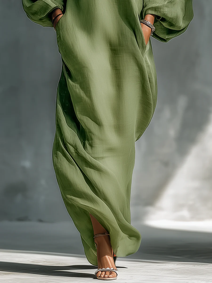 Robe longue verte à épaules dénudées avec manches bouffantes oversize