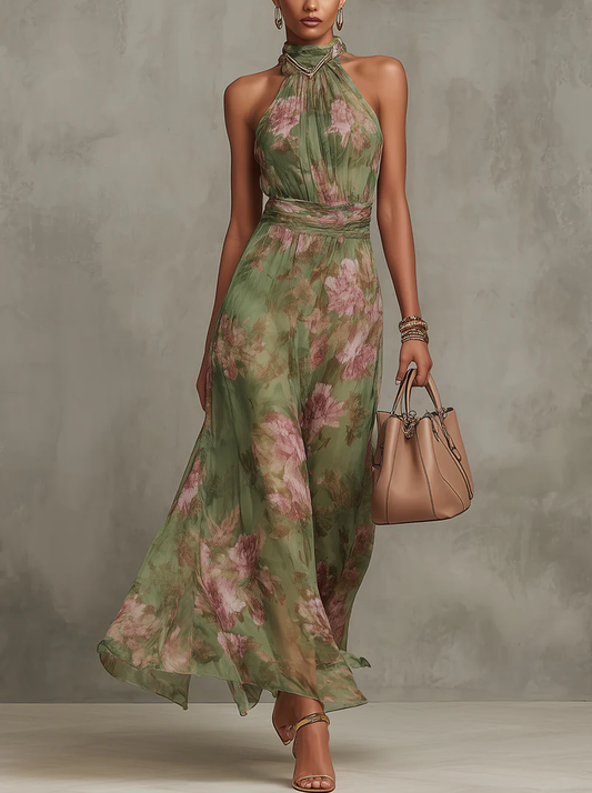 Robe longue vert floral en mousseline à licou