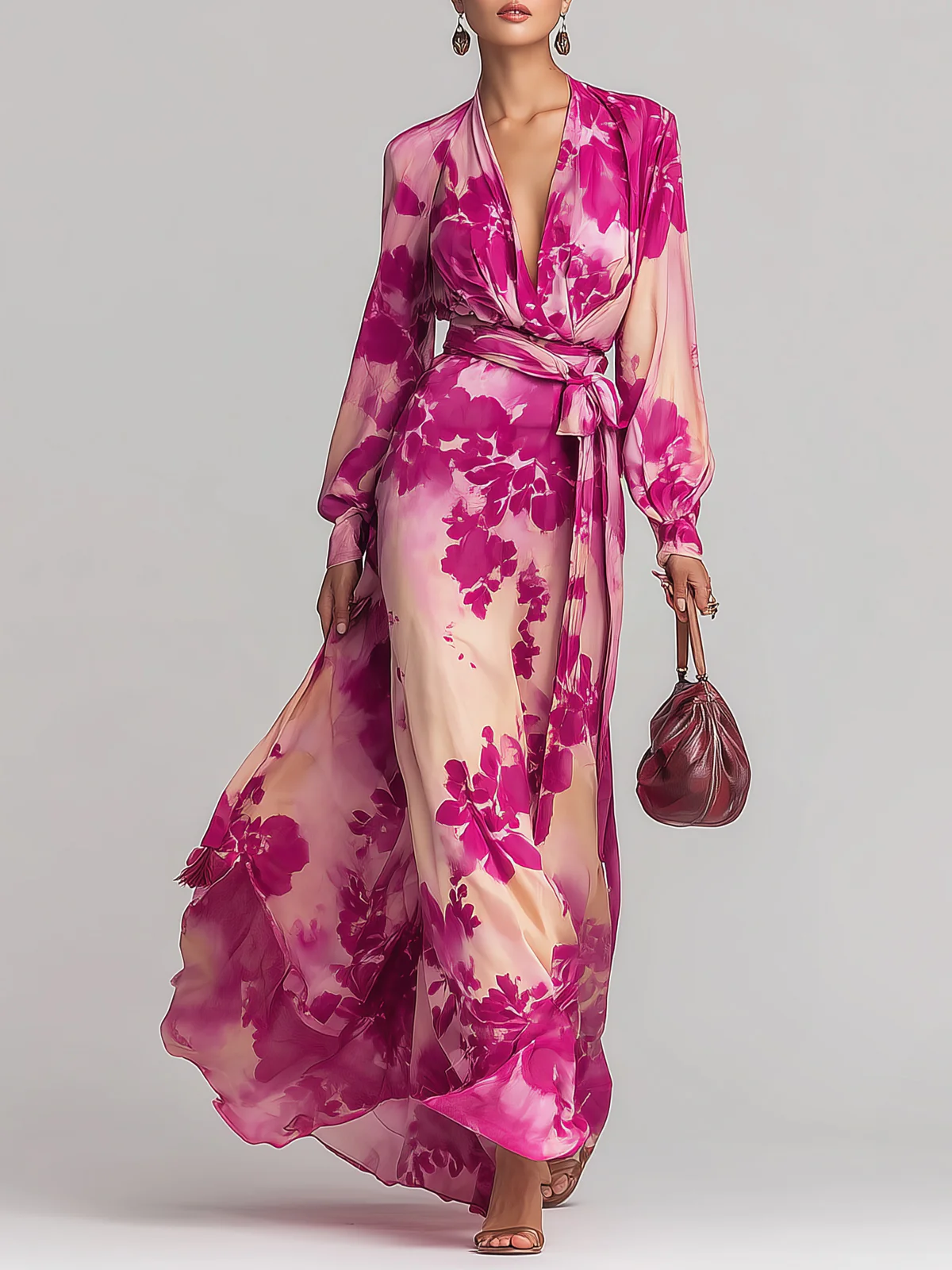 Robe longue à fleurs rouges, décolleté en V et ceinture