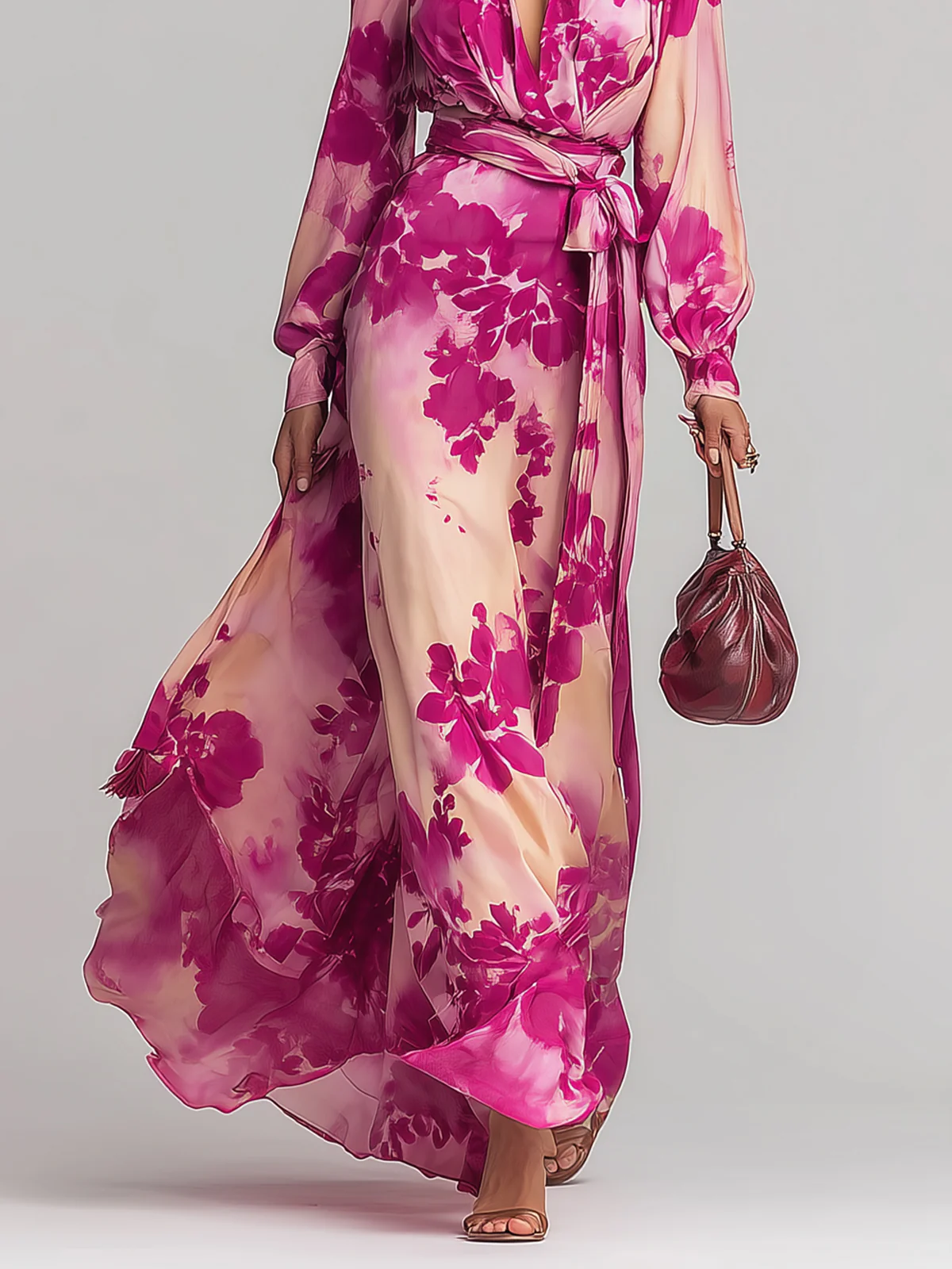 Robe longue à fleurs rouges, décolleté en V et ceinture