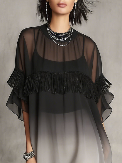 Robe courte noire ombrée, transparente, à franges vaporeuses