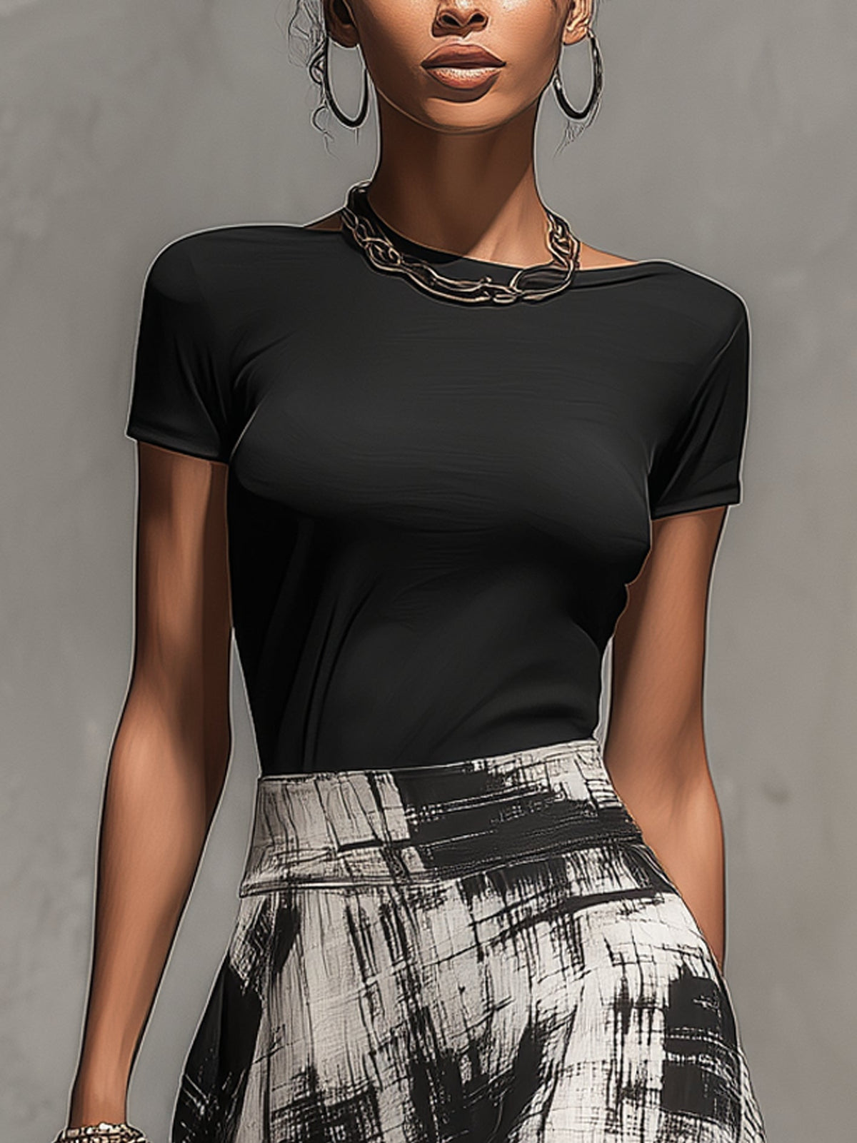 Ensemble jupe et t-shirt en mousseline noire à imprimé écossais abstrait