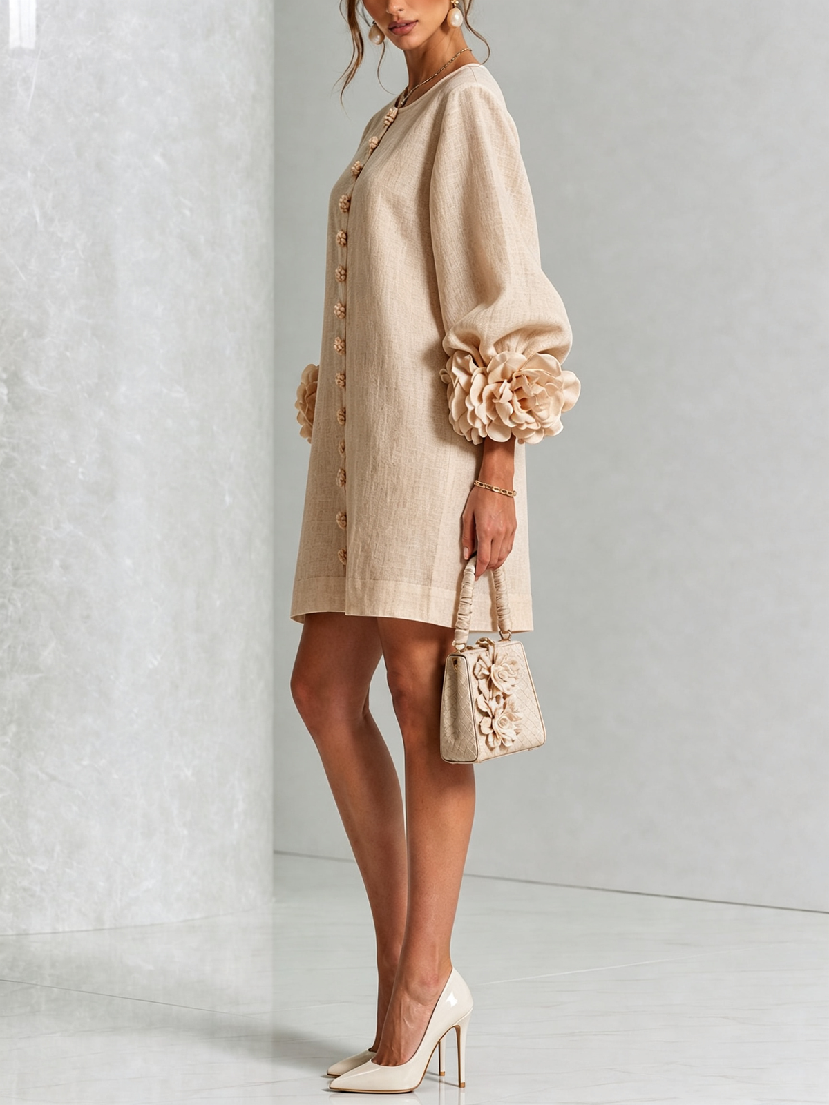 Floral Print Beige Buttoned Mini Dress with Sculptural Floral Cuffs