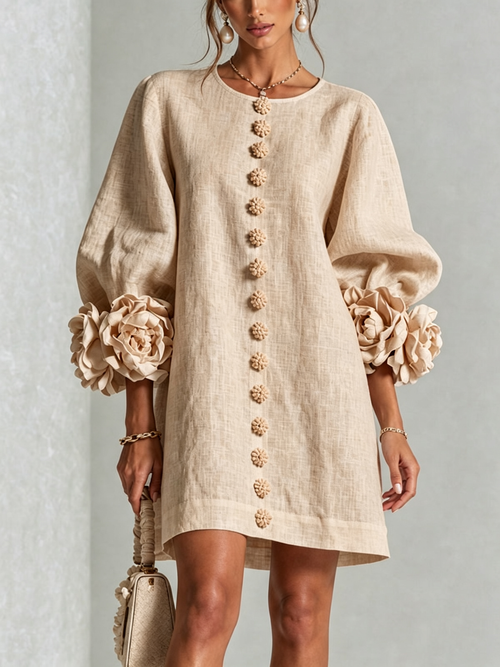 Floral Print Beige Buttoned Mini Dress with Sculptural Floral Cuffs