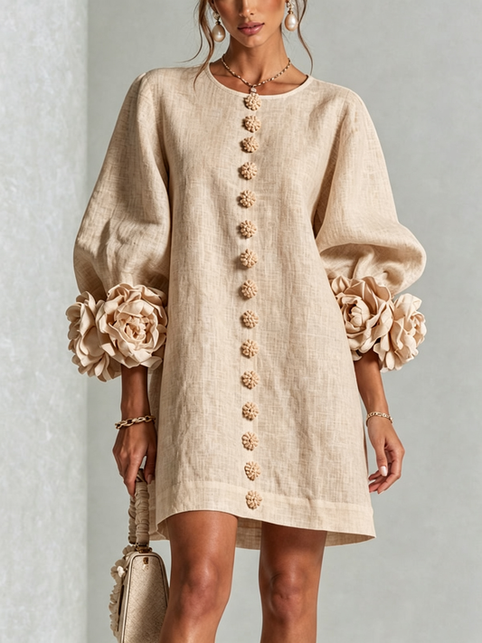 Floral Print Beige Buttoned Mini Dress with Sculptural Floral Cuffs