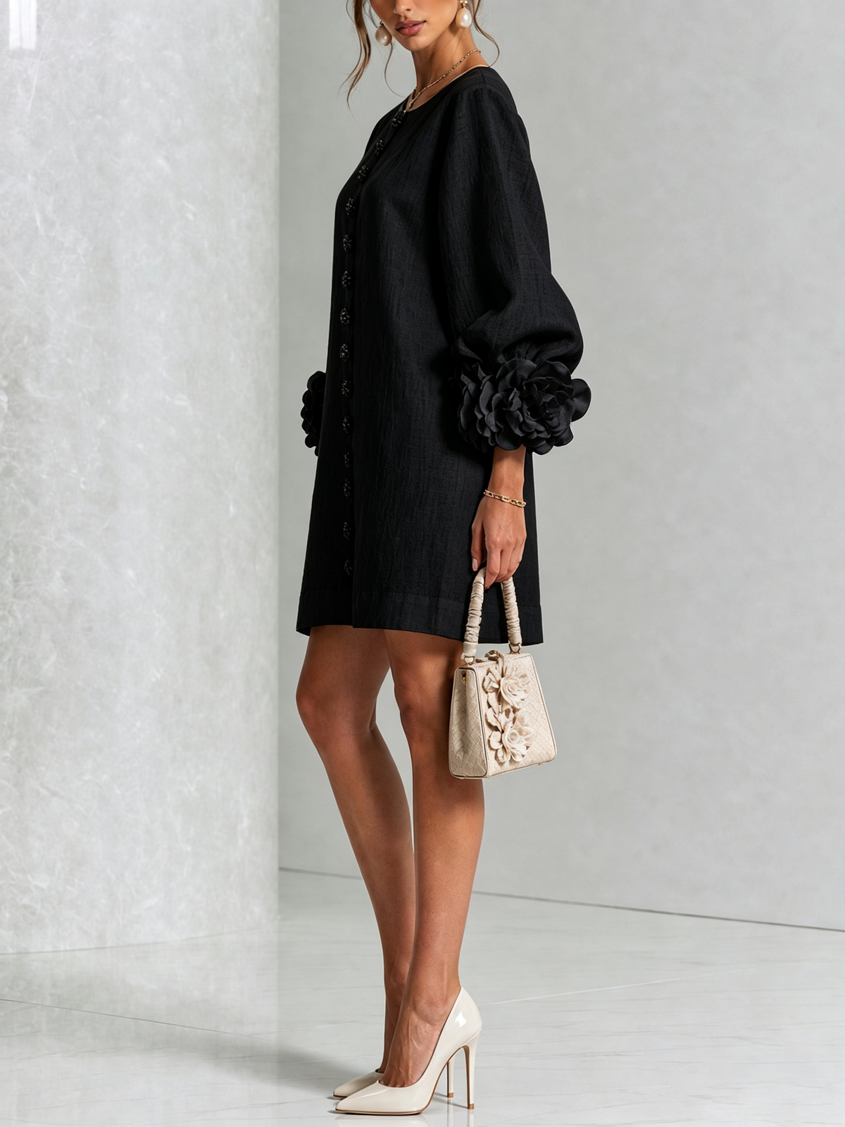 Black Floral Print Button-Up Mini Dress with Sculptural Floral Cuffs
