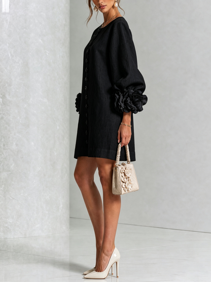 Black Floral Print Button-Up Mini Dress with Sculptural Floral Cuffs